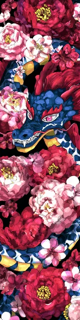 Free dragon bookmark featuring a blue-faced dragon with red flowers